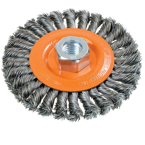 Brosse rotative &agrave; fils nou&eacute;s large, Dia. 4-1/2", Fils 0,02", Arbre 5/8"-11, Acier Planification Entrepots Molloy