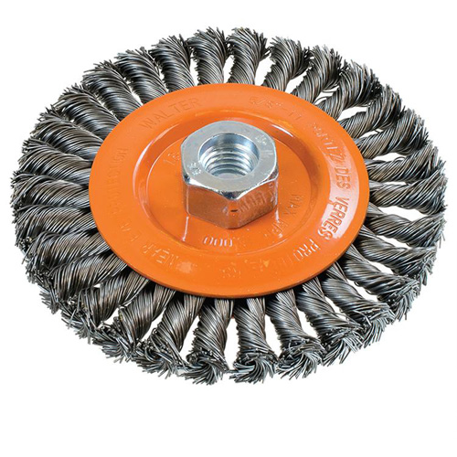 Brosse rotative &agrave; fils nou&eacute;s large, Dia. 5", Fils 0,02", Arbre 5/8"-11, Acier Planification Entrepots Molloy