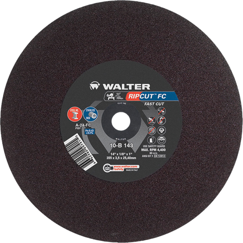 Meule &agrave; tronçonner Ripcut II pour la coupe de l'acier inoxydable et l'acier sur scies fixes, 14" x 1/8", Arbre de 1", Type 1, Oxyde d'aluminium, 4400 Tr/min Planification Entrepots Molloy