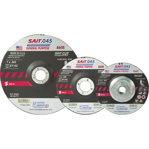 Disque de coupe Sait, 5" x 0,045", Arbre de 7/8", Type 27, Oxyde d'aluminium, 12 200 Tr/min Planification Entrepots Molloy