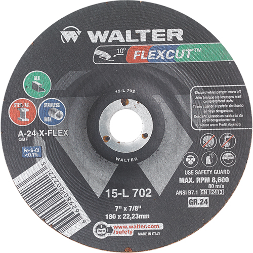 Flexcut Depressed Centre Grinding Wheels, 7", 24 Grit, Aluminum Oxide, 7/8", 8600 RPM, Type 29 Planification Entrepots Molloy