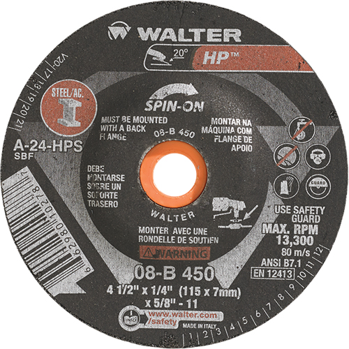 Meule HP vissable, 4-1/2" x 1/4", Arbre de 5/8"-11, Type 27S Planification Entrepots Molloy