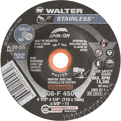 Depressed Centre Grinding Wheels - Stainless Type 27, 4-1/2" x 1/4", 5/8"-11 Arbor, Type 27S Planification Entrepots Molloy