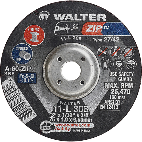 Zip Cutting and Grinding Wheel, 3" x 1/13", 3/8" Arbor, Type 27, 60 Grit, Aluminum Oxide Planification Entrepots Molloy