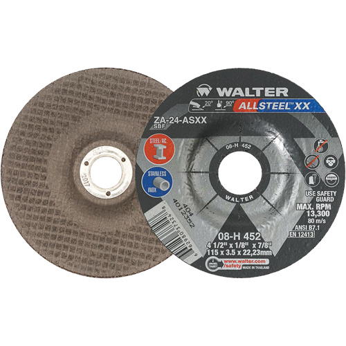 Depressed Centre Grinding Wheels - Allsteel XX, 4-1/2" x 1/8", 7/8" Arbor, Type 27, Zirconia Alumina, 13300 RPM Planification Entrepots Molloy