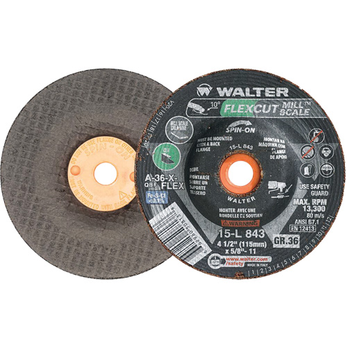 FLEXCUT MILL SCALE Grinding Wheel, 4-1/2", 36 Grit, Aluminum Oxide, 5/8"-11, 13300 RPM, Type 29 Planification Entrepots Molloy
