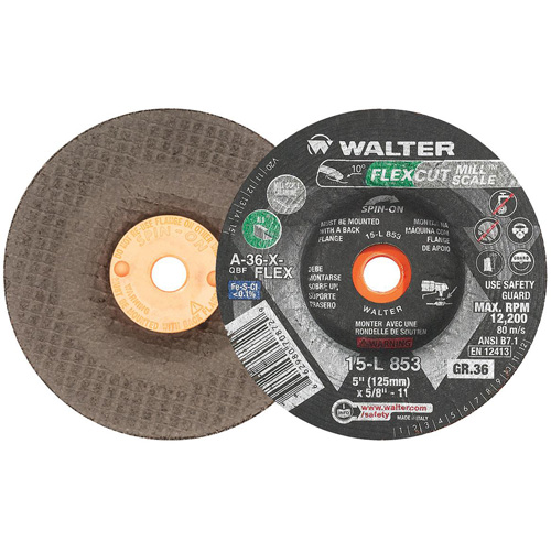 FLEXCUT MILL SCALE Grinding Wheel, 5", 36 Grit, Aluminum Oxide, 5/8"-11, 12200 RPM, Type 29 Planification Entrepots Molloy