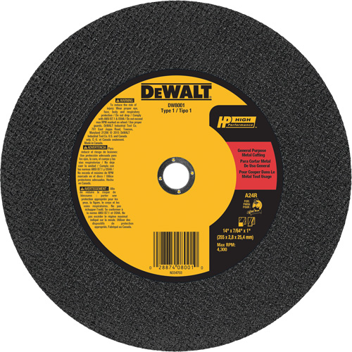 General Purpose Metal Cutting Chop Saw Wheel, 14" x 7/64", 1" Arbor, Type 1, Aluminum Oxide, 4300 RPM Planification Entrepots Molloy
