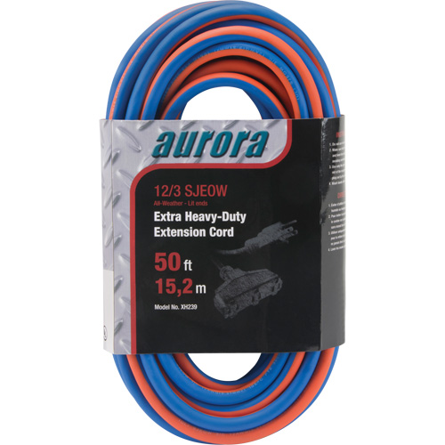 TPE-Rubber Extension Cord with Light Indicator, All-Weather, SJEOW, 12/3 AWG, 15 A, 3 Outlet(s), 50' Planification Entrepots Molloy