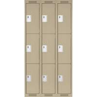 Clean Line Lockers, 3 -tier, Bank of 3, 36" x 18" x 72", Steel, Beige, Rivet (Assembled) Planification Entrepots Molloy