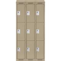Clean Line Lockers, 3 -tier, Bank of 3, 36" x 18" x 78", Steel, Beige, Rivet (Assembled) Planification Entrepots Molloy