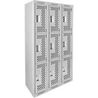 Clean Line Lockers, 3 -tier, Bank of 3, 36" x 12" x 72", Steel, Grey, Rivet (Assembled), Perforated Planification Entrepots Molloy