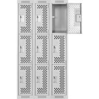 Clean Line Lockers, 3 -tier, Bank of 3, 36" x 12" x 72", Steel, Grey, Rivet (Assembled), Perforated Planification Entrepots Molloy