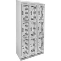 Clean Line Lockers, 3 -tier, Bank of 3, 36" x 18" x 82", Steel, Grey, Rivet (Assembled), Perforated Planification Entrepots Molloy