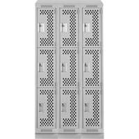 Clean Line Lockers, 3 -tier, Bank of 3, 36" x 18" x 82", Steel, Grey, Rivet (Assembled), Perforated Planification Entrepots Molloy