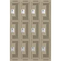 Clean Line Lockers, 3 -tier, Bank of 4, 48" x 12" x 72", Steel, Beige, Rivet (Assembled), Perforated Planification Entrepots Molloy