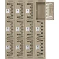 Clean Line Lockers, 3 -tier, Bank of 4, 48" x 12" x 72", Steel, Beige, Rivet (Assembled), Perforated Planification Entrepots Molloy