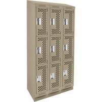 Clean Line Lockers, 3 -tier, Bank of 3, 36" x 15" x 82", Steel, Beige, Rivet (Assembled), Perforated Planification Entrepots Molloy