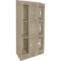 Clean Line Lockers, 3 -tier, Bank of 3, 36" x 15" x 82", Steel, Beige, Rivet (Assembled), Perforated Planification Entrepots Molloy