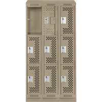 Clean Line Lockers, 3 -tier, Bank of 3, 36" x 15" x 82", Steel, Beige, Rivet (Assembled), Perforated Planification Entrepots Molloy