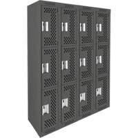 Clean Line Lockers, 3 -tier, Bank of 4, 48" x 12" x 72", Steel, Charcoal, Rivet (Assembled), Perforated Planification Entrepots Molloy