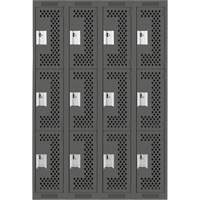 Clean Line Lockers, 3 -tier, Bank of 4, 48" x 12" x 72", Steel, Charcoal, Rivet (Assembled), Perforated Planification Entrepots Molloy