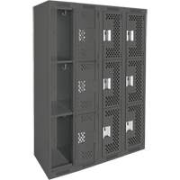 Clean Line Lockers, 3 -tier, Bank of 4, 48" x 12" x 72", Steel, Charcoal, Rivet (Assembled), Perforated Planification Entrepots Molloy