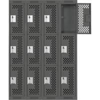 Clean Line Lockers, 3 -tier, Bank of 4, 48" x 12" x 72", Steel, Charcoal, Rivet (Assembled), Perforated Planification Entrepots Molloy