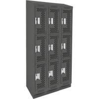 Clean Line Lockers, 3 -tier, Bank of 3, 36" x 15" x 82", Steel, Charcoal, Rivet (Assembled), Perforated Planification Entrepots Molloy