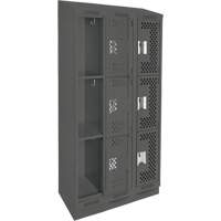 Clean Line Lockers, 3 -tier, Bank of 3, 36" x 15" x 82", Steel, Charcoal, Rivet (Assembled), Perforated Planification Entrepots Molloy