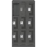 Clean Line Lockers, 3 -tier, Bank of 3, 36" x 15" x 82", Steel, Charcoal, Rivet (Assembled), Perforated Planification Entrepots Molloy
