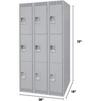 Lockers, 3 -tier, Bank of 3, 36" x 18" x 72", Steel, Grey, Knocked Down Planification Entrepots Molloy