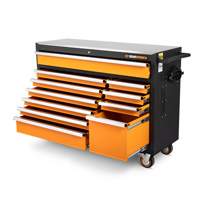 Rolling Tool Cabinet with Stainless Steel Worktop, 11 Drawers, 52" W x 18" D x 36" H, Black/Orange Planification Entrepots Molloy